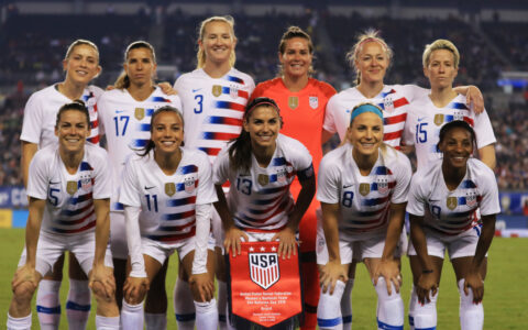 The members of the U.S. women's national soccer team filed a lawsuit Friday against U.S. Soccer, accusing it of gender discrimination. The starting 11 are seen here before playing Brazil earlier this week in Tampa, Fla.